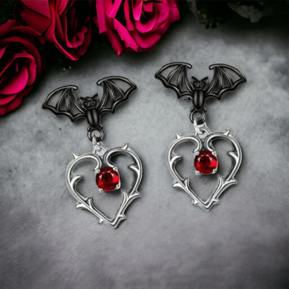 Gorgeous Black Bat Heart‎ Dangle Halloween Earrings with Ruby Color Decor